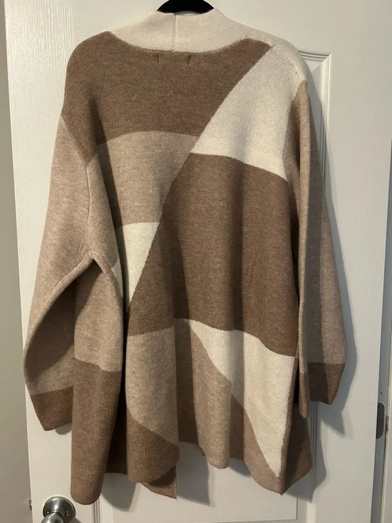 Alfred Dunner Cream and Brown Open-Front Striped Cardigan - Picture 3 of 3